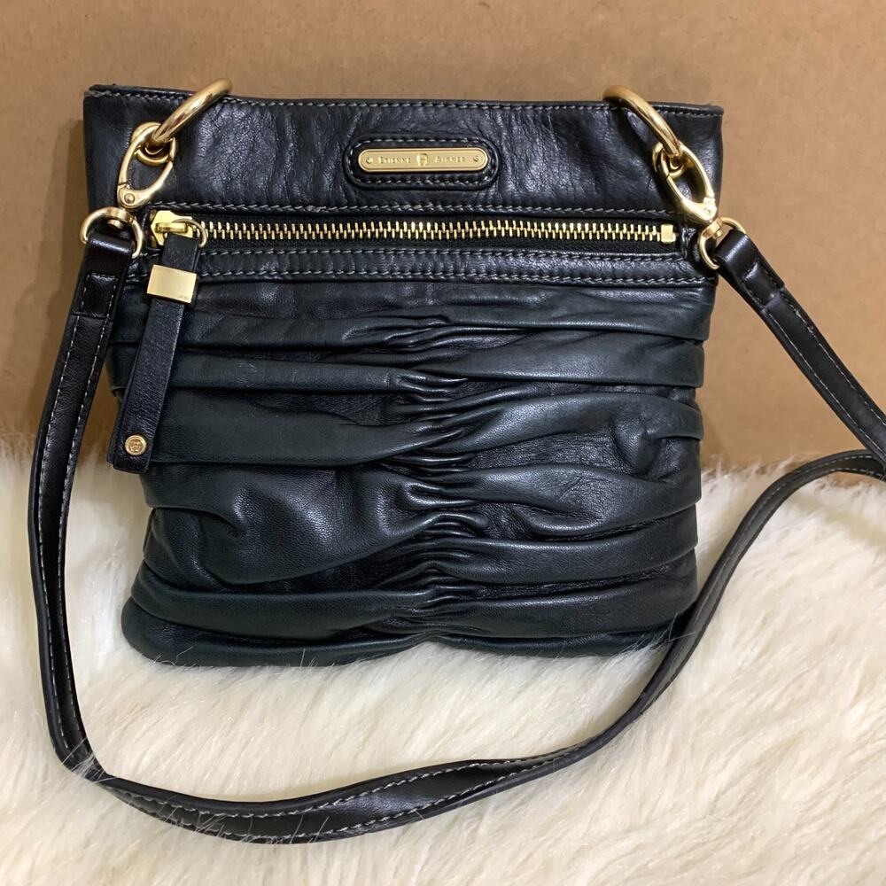 ETIENNE AIGNER Ruched Gathered Black Lamb-Soft Leather Crossbody Messenger Bag